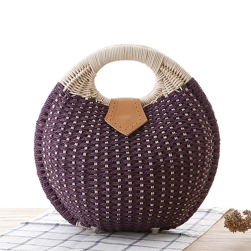 Rose – Round Woven Straw Bag with Vegan Leather Accent