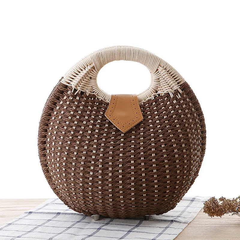 Rose – Round Woven Straw Bag with Vegan Leather Accent