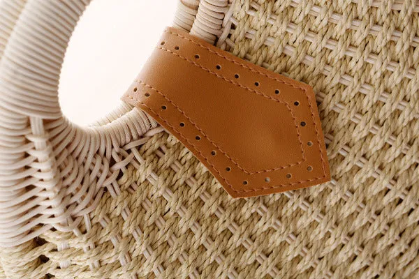 Rose – Round Woven Straw Bag with Vegan Leather Accent