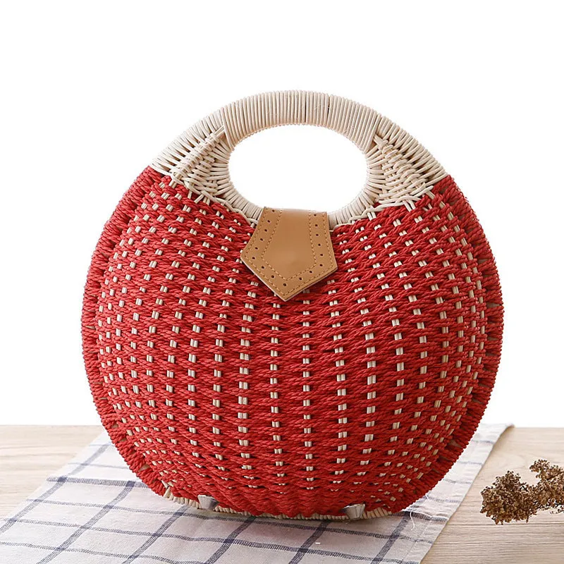 Rose – Round Woven Straw Bag with Vegan Leather Accent