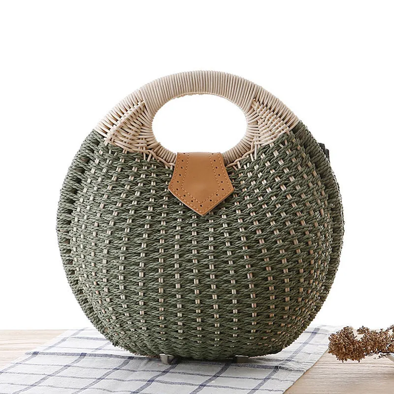 Rose – Round Woven Straw Bag with Vegan Leather Accent