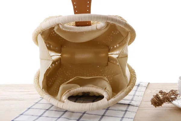 Rose – Round Woven Straw Bag with Vegan Leather Accent