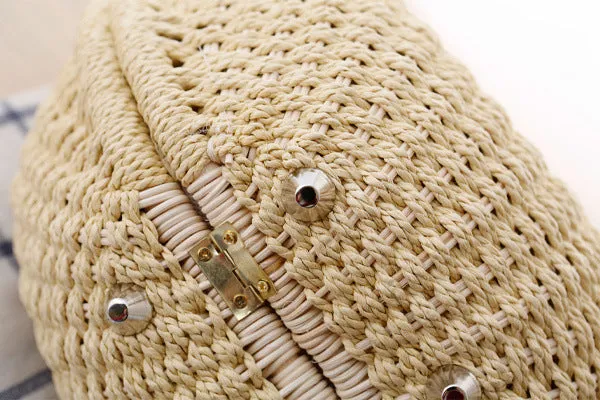 Rose – Round Woven Straw Bag with Vegan Leather Accent