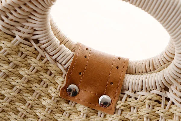 Rose – Round Woven Straw Bag with Vegan Leather Accent