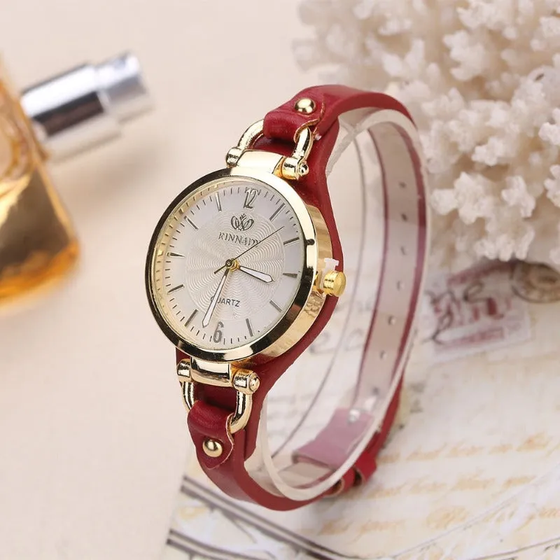 Round Dial Casual Watch Women Leather Strap Wristwatch Jewelry