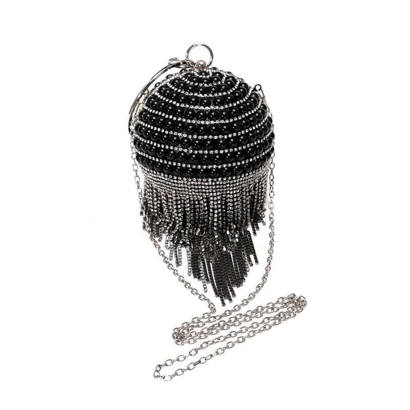 Round Evening Bag Diamonds Pearl Tassel Clutch