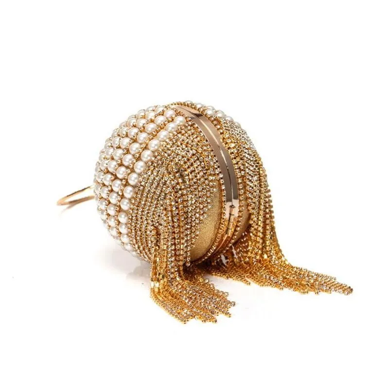 Round Evening Bag Diamonds Pearl Tassel Clutch