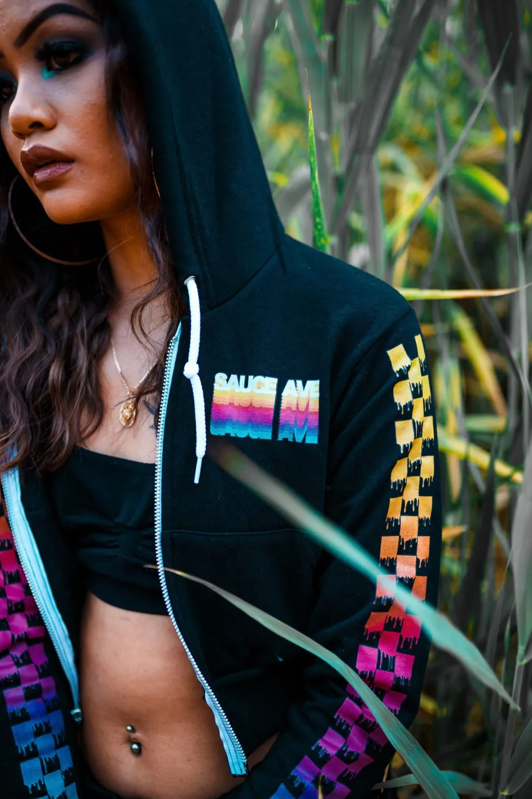 SA Color Stack | Black Cropped Zip Up Jacket (Color Stack Checkered Drippin Sleeves)