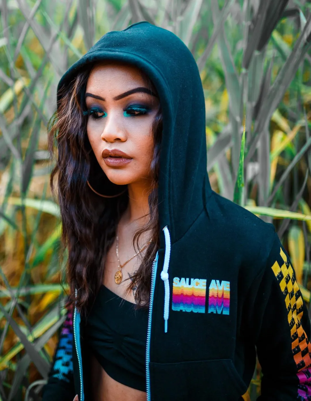 SA Color Stack | Black Cropped Zip Up Jacket (Color Stack Checkered Drippin Sleeves)