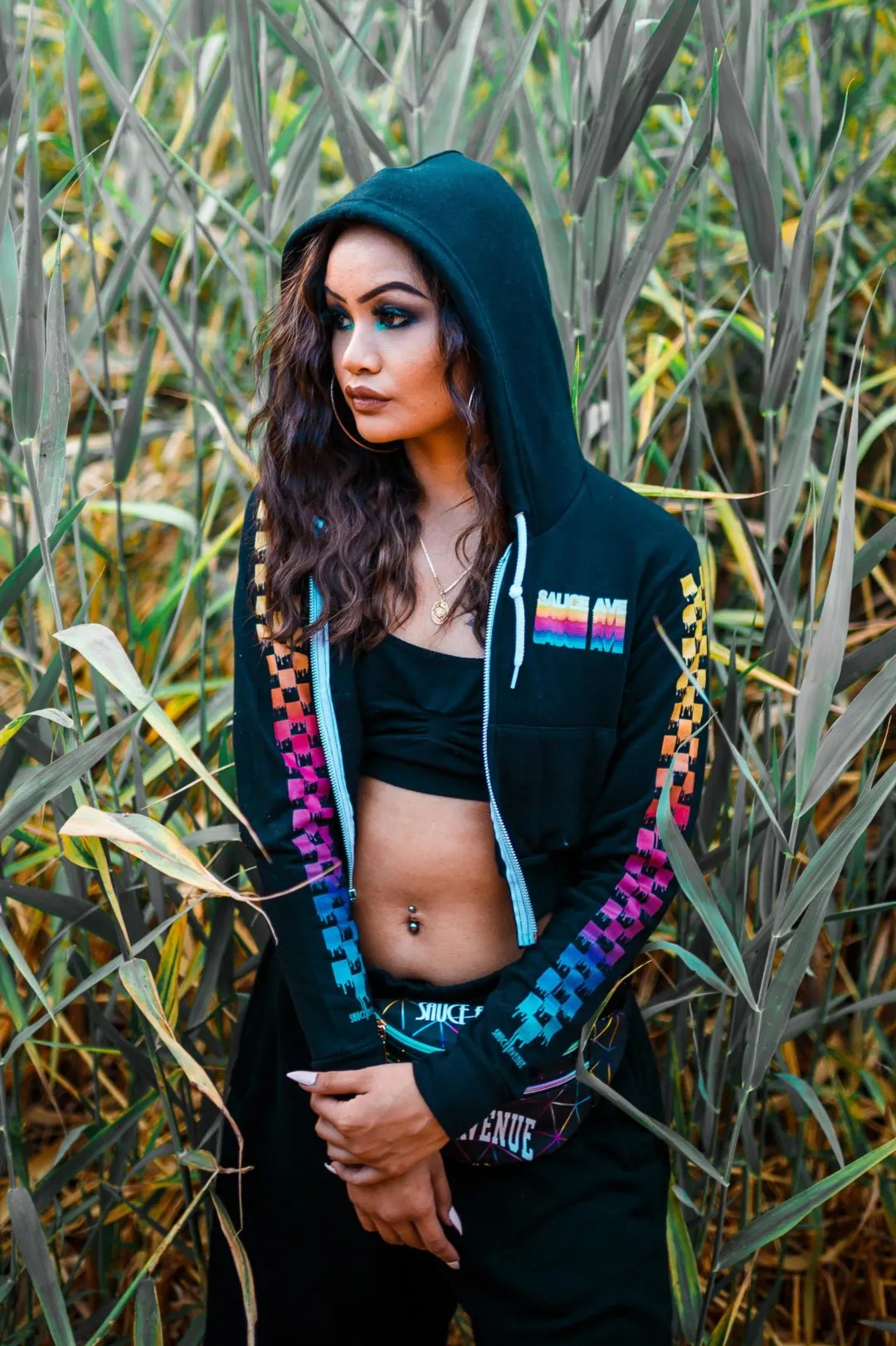 SA Color Stack | Black Cropped Zip Up Jacket (Color Stack Checkered Drippin Sleeves)