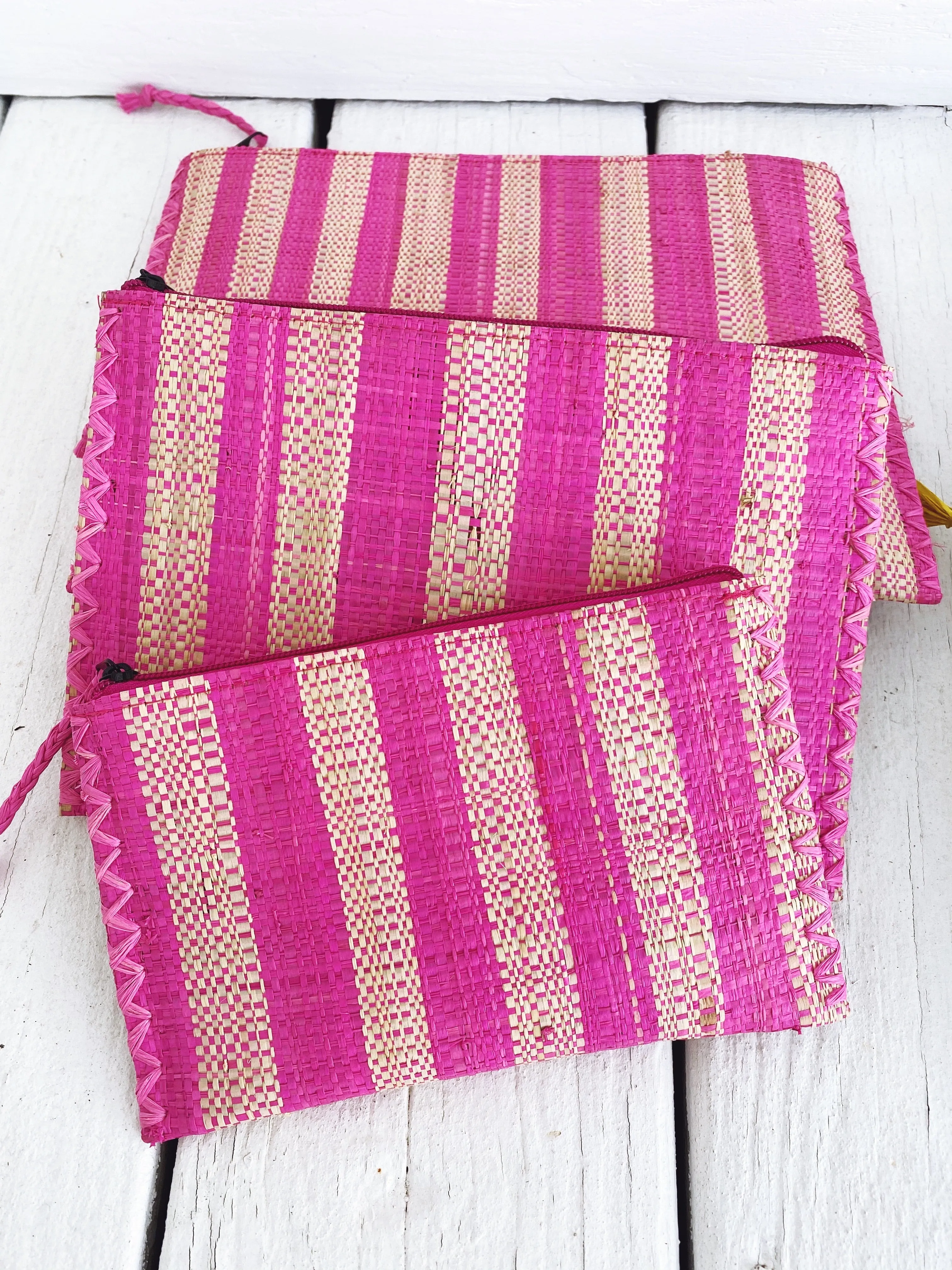 Set of Three Striped Raffia Nesting Pouches