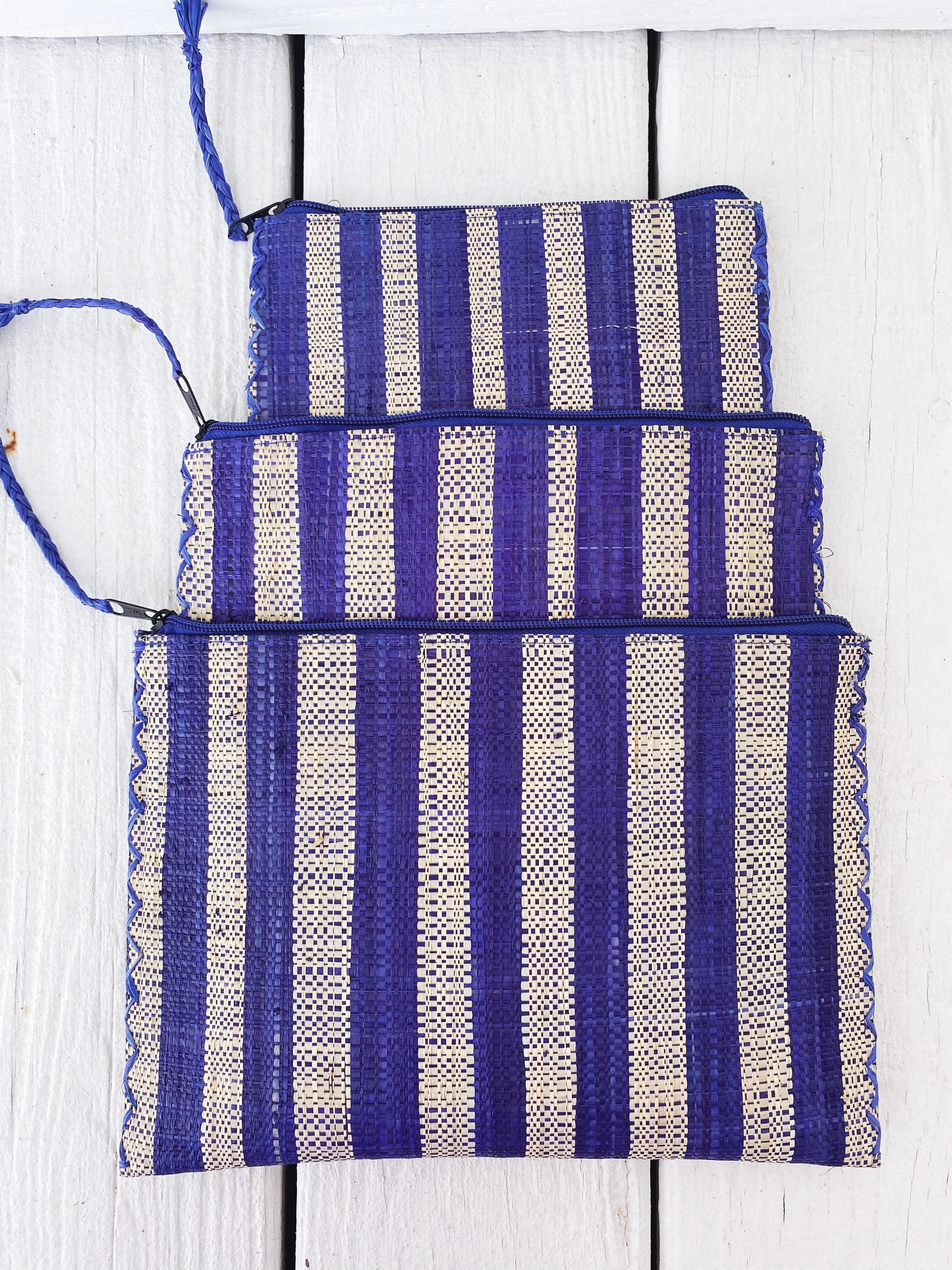 Set of Three Striped Raffia Nesting Pouches