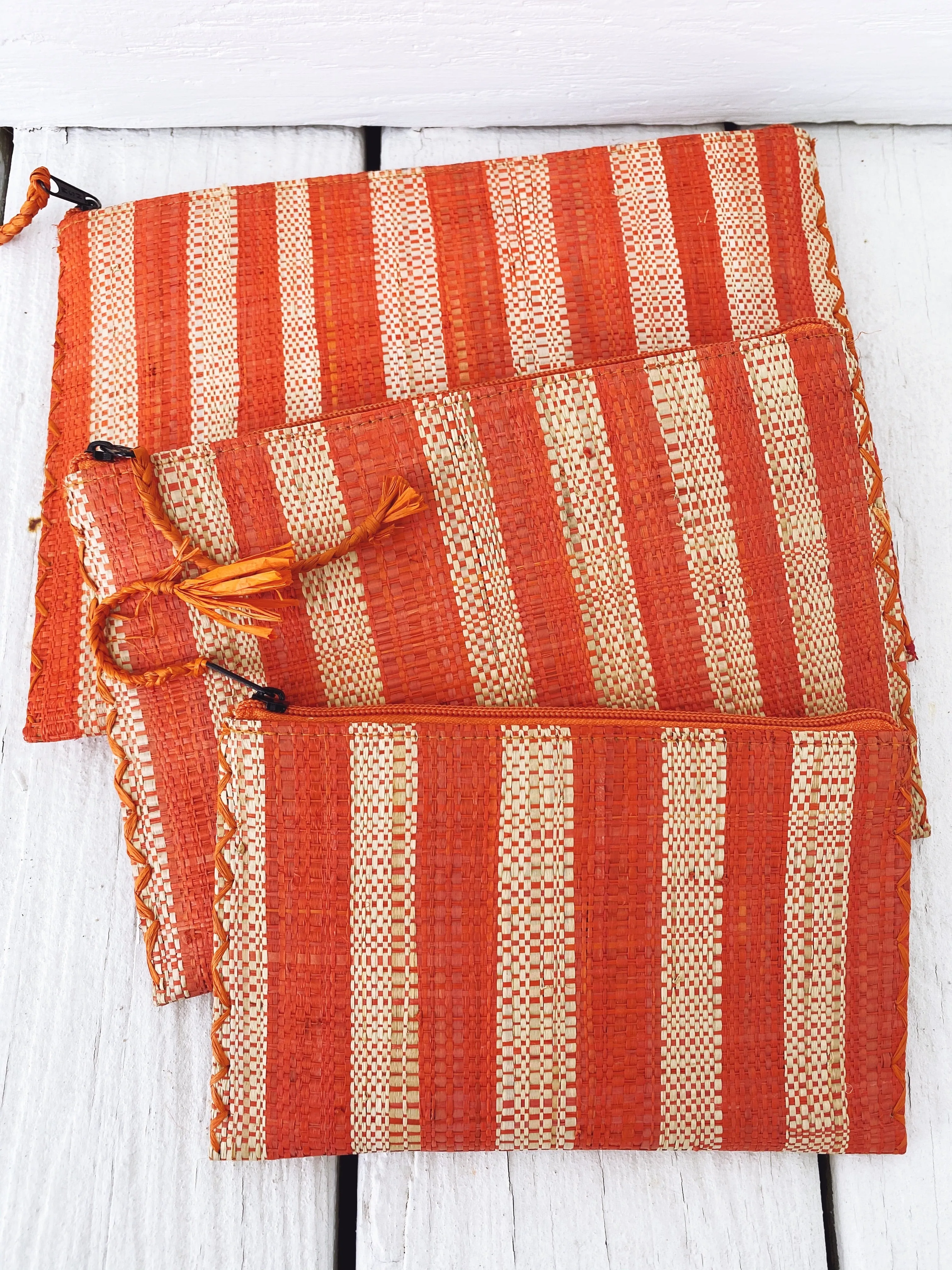 Set of Three Striped Raffia Nesting Pouches