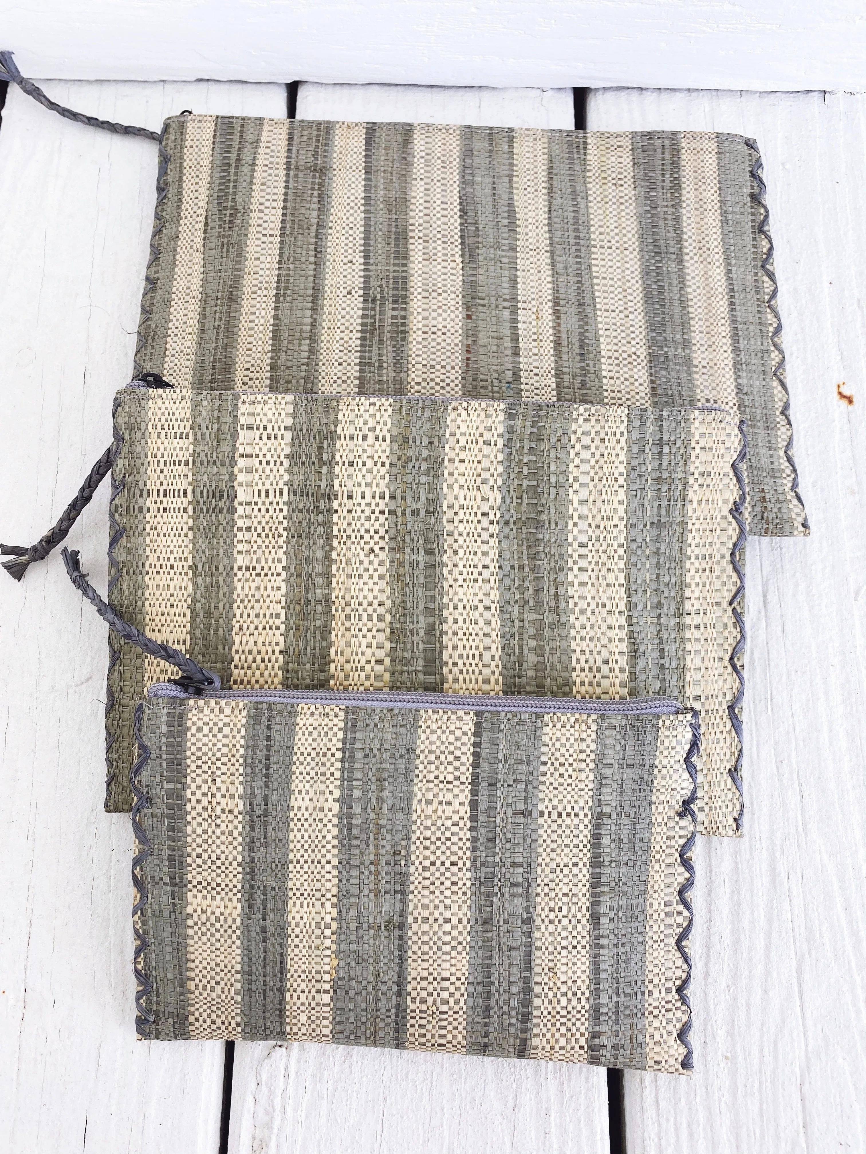 Set of Three Striped Raffia Nesting Pouches