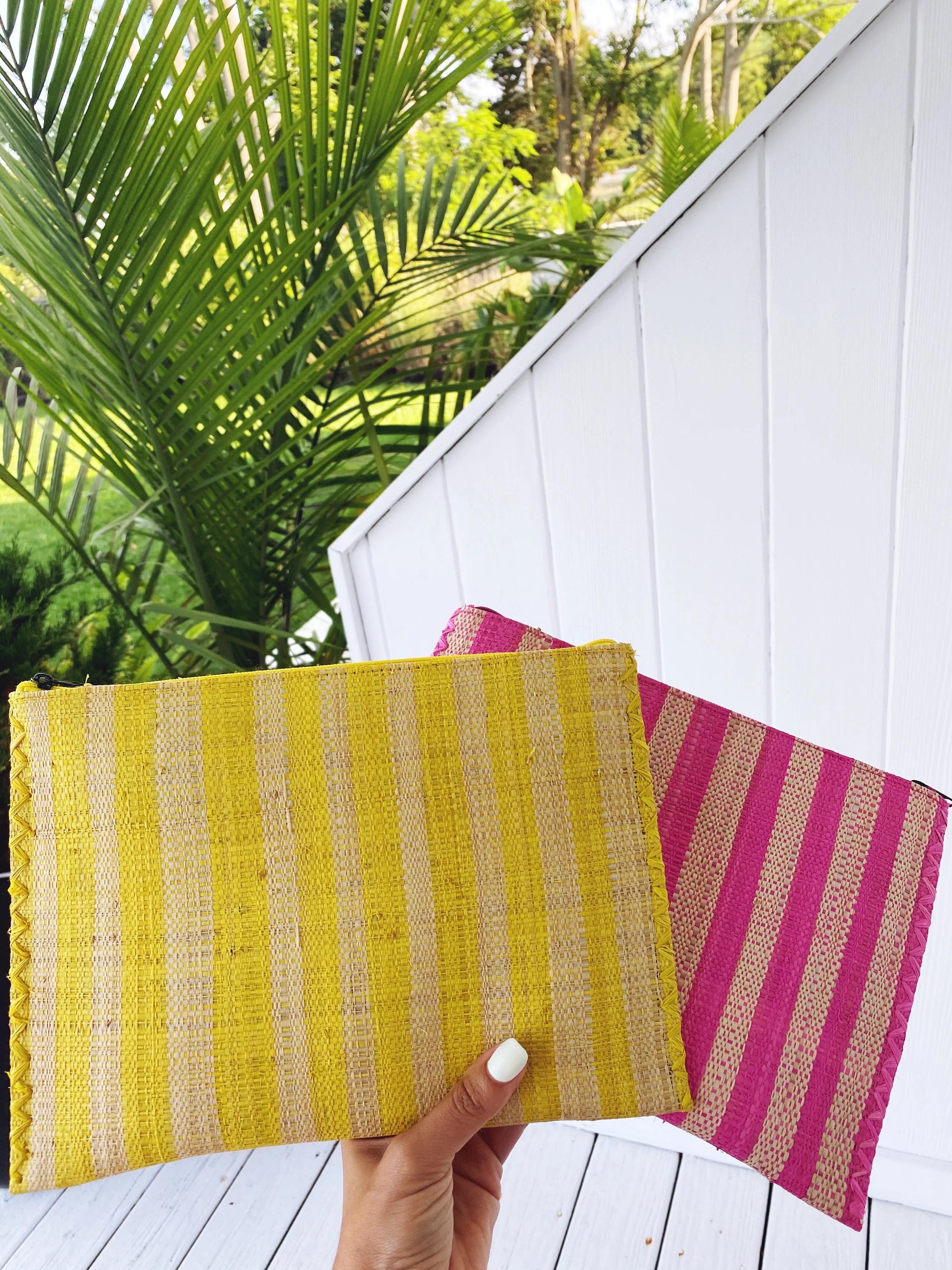Set of Three Striped Raffia Nesting Pouches