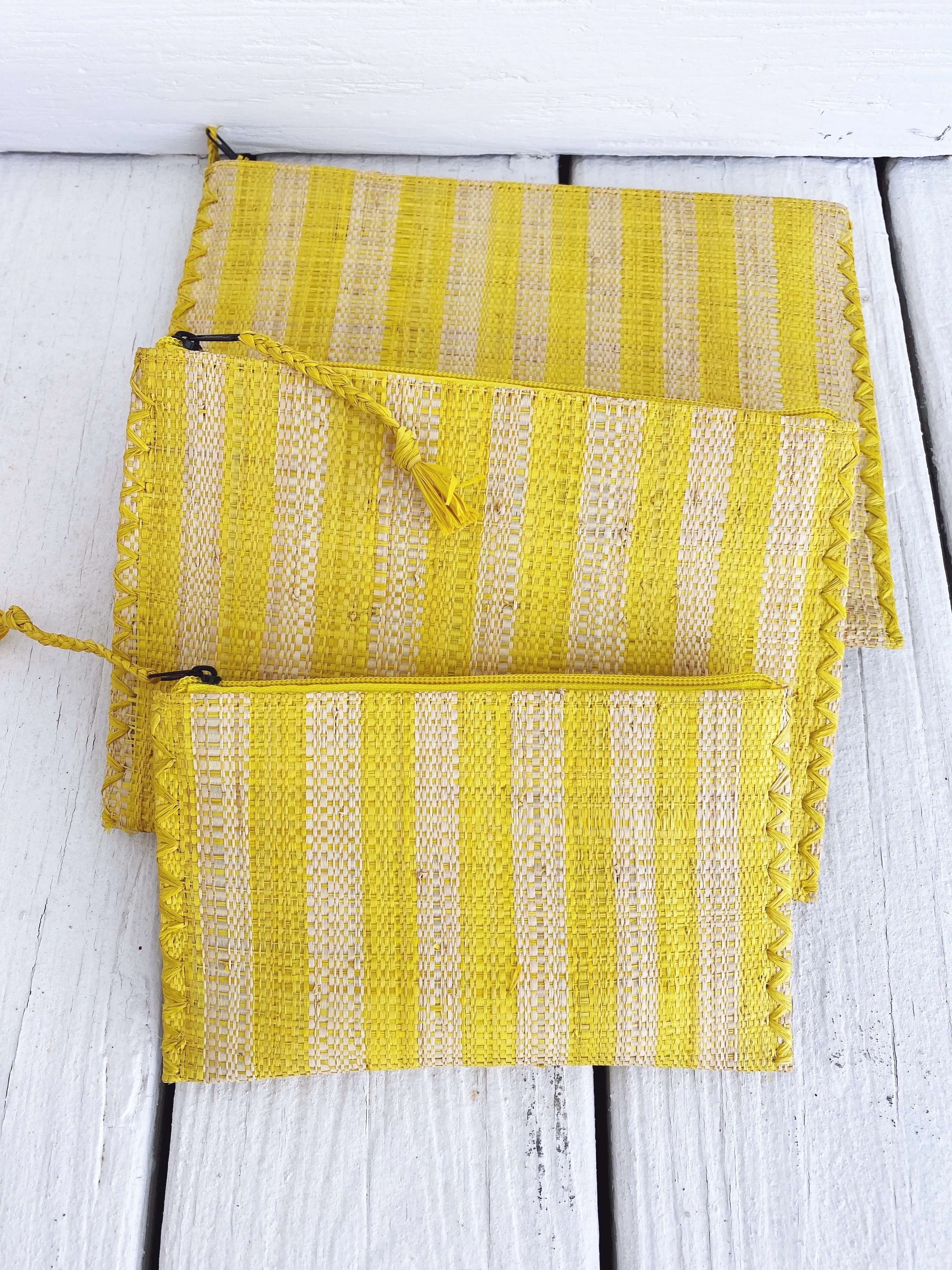 Set of Three Striped Raffia Nesting Pouches