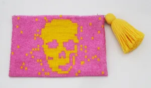 Skull Glass Bead Coin Purse - YELLOW ON PINK