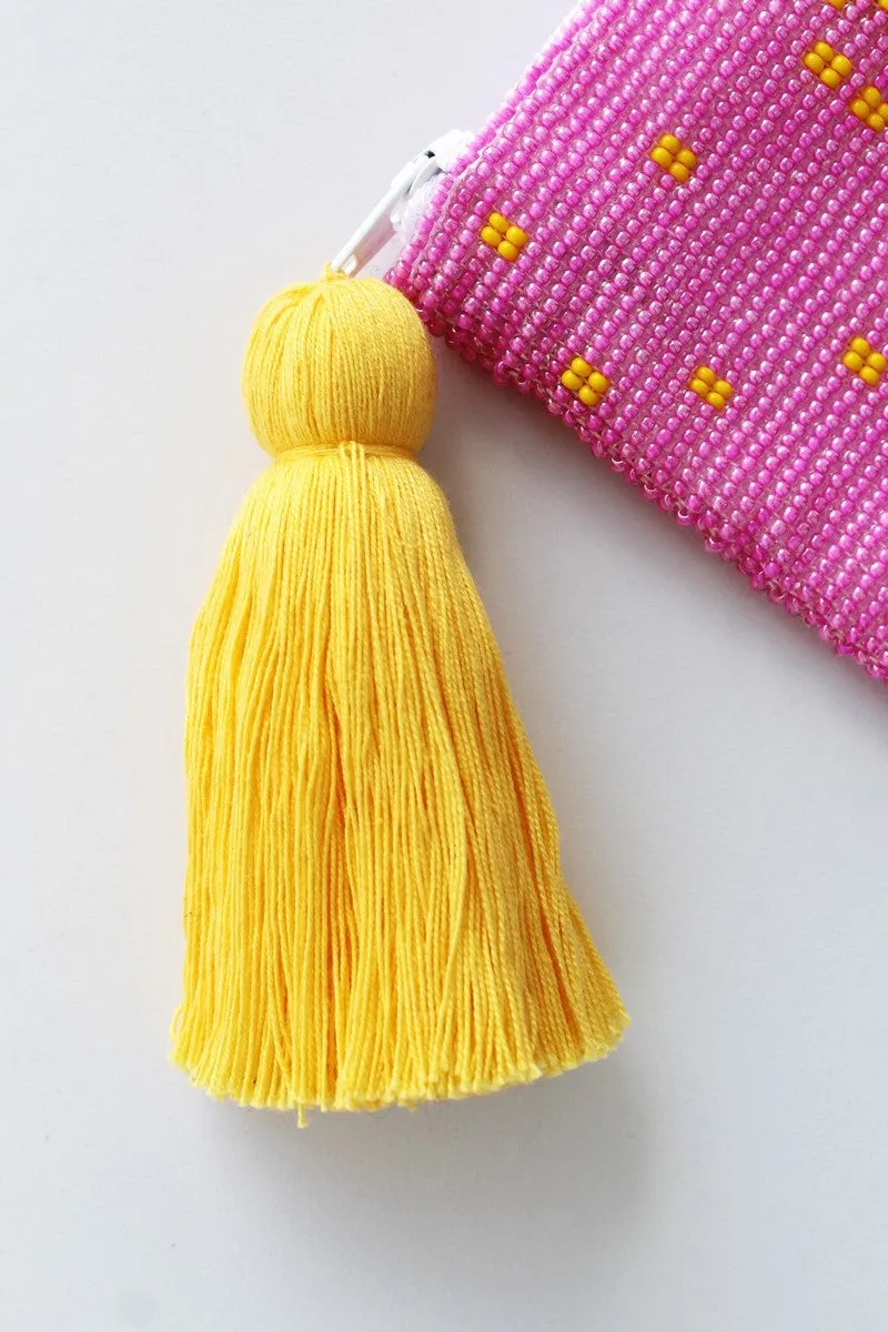 Skull Glass Bead Coin Purse - YELLOW ON PINK