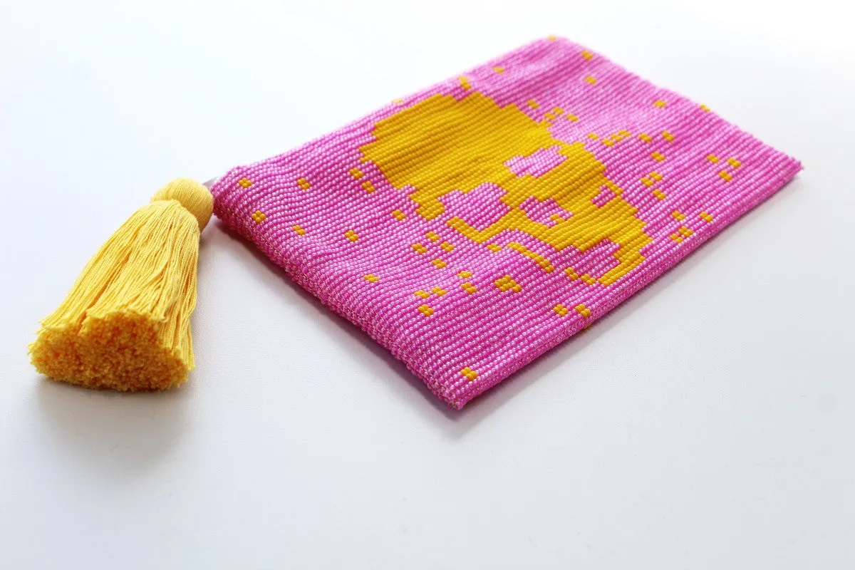 Skull Glass Bead Coin Purse - YELLOW ON PINK