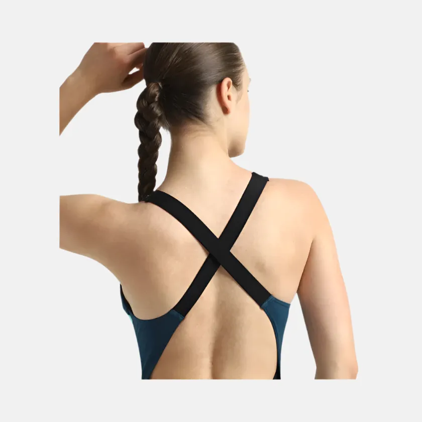 Speedo Endurance  High Neck Cross Back V-Cut Women's  One Piece Swimsuit - Black/Dark Teal/Arctic Glass