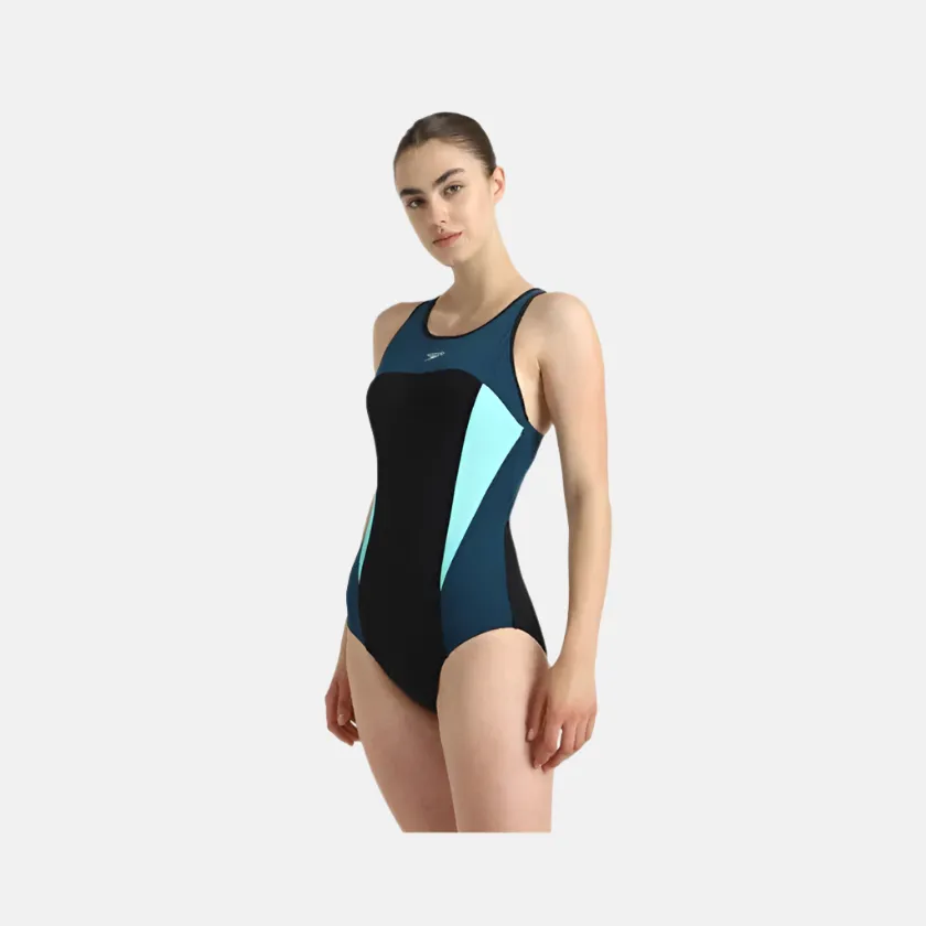 Speedo Endurance  High Neck Cross Back V-Cut Women's  One Piece Swimsuit - Black/Dark Teal/Arctic Glass