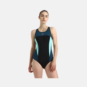 Speedo Endurance  High Neck Cross Back V-Cut Women's  One Piece Swimsuit - Black/Dark Teal/Arctic Glass