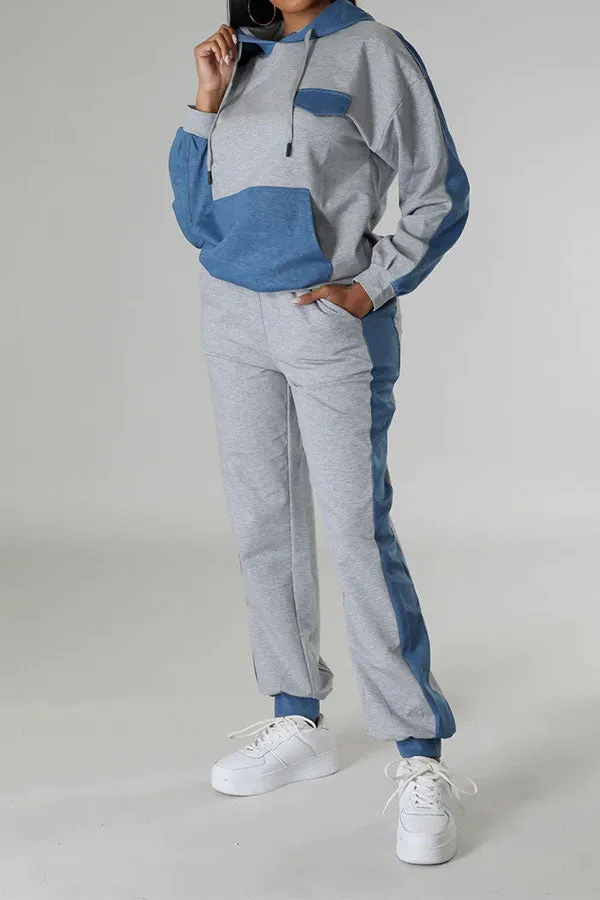 storexq Color Block Hooded Sporty Pocket Pant Suit