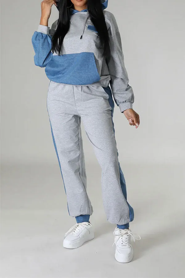 storexq Color Block Hooded Sporty Pocket Pant Suit