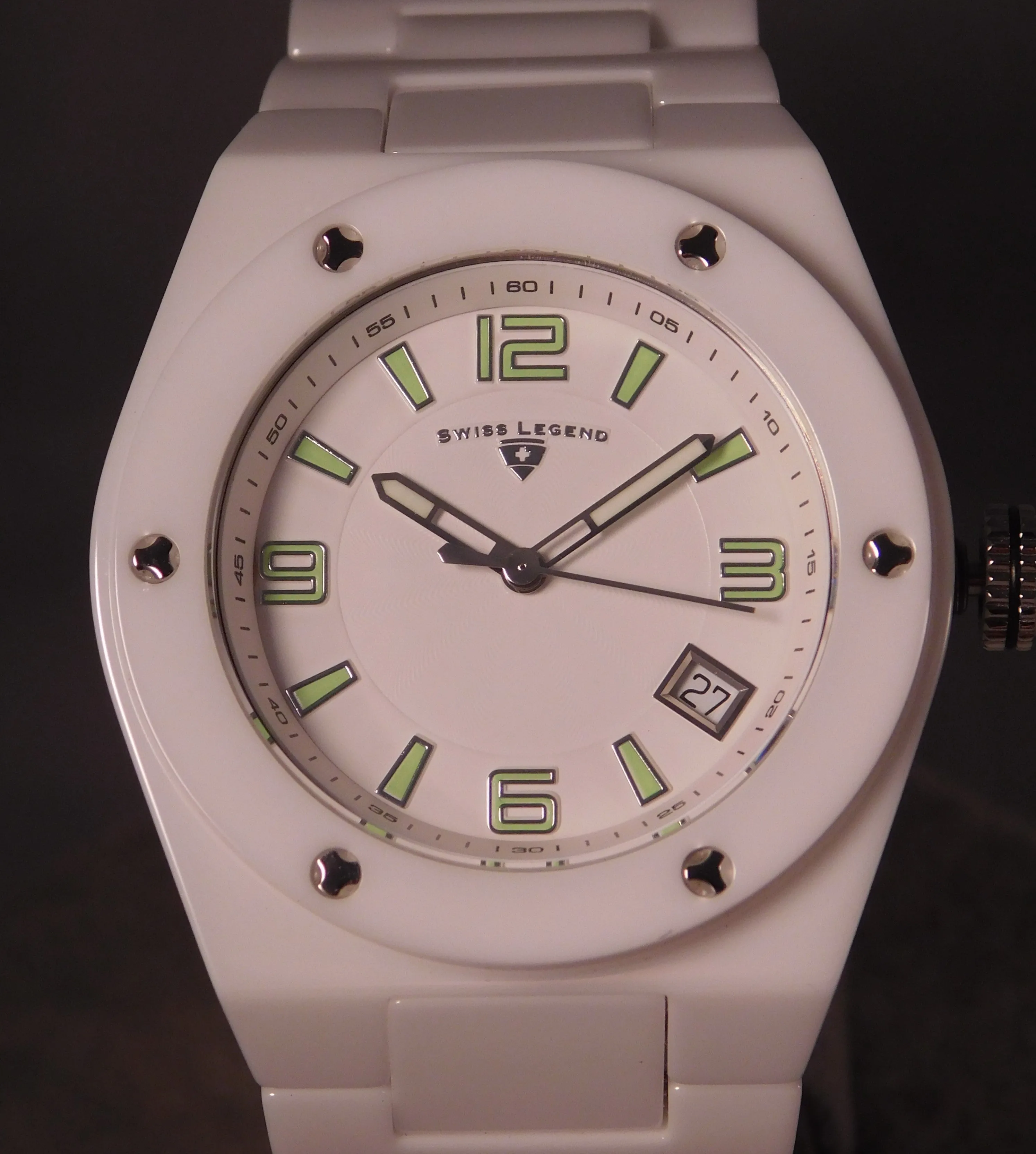 Swiss Legend Throttle White Ceramic Date New Battery Mens Watch....40mm