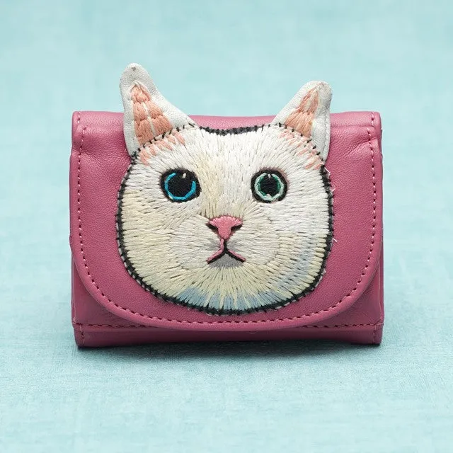 TAMAO WORLD Sheep Leather Embroidery Cat Mini Wallet Cat Pink