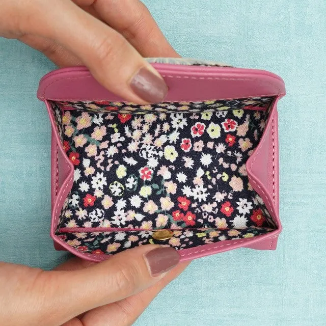 TAMAO WORLD Sheep Leather Embroidery Cat Mini Wallet Cat Pink