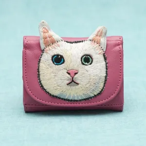 TAMAO WORLD Sheep Leather Embroidery Cat Mini Wallet Cat Pink