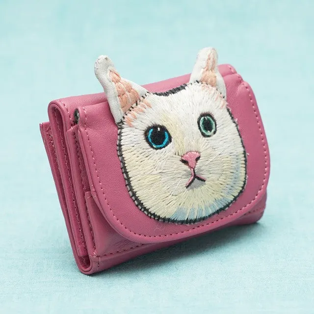 TAMAO WORLD Sheep Leather Embroidery Cat Mini Wallet Cat Pink