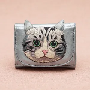 TAMAO WORLD Sheep Leather Embroidery Cat Mini Wallet Silver Cat Silver