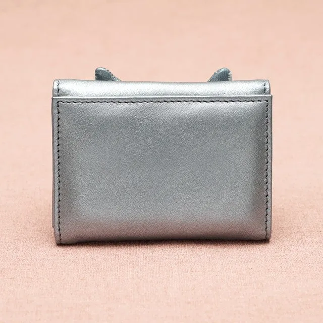 TAMAO WORLD Sheep Leather Embroidery Cat Mini Wallet Silver Cat Silver