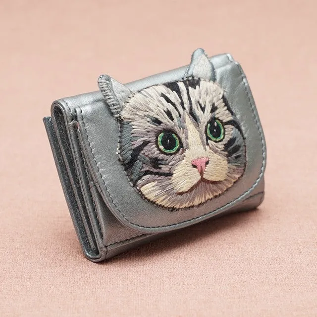 TAMAO WORLD Sheep Leather Embroidery Cat Mini Wallet Silver Cat Silver