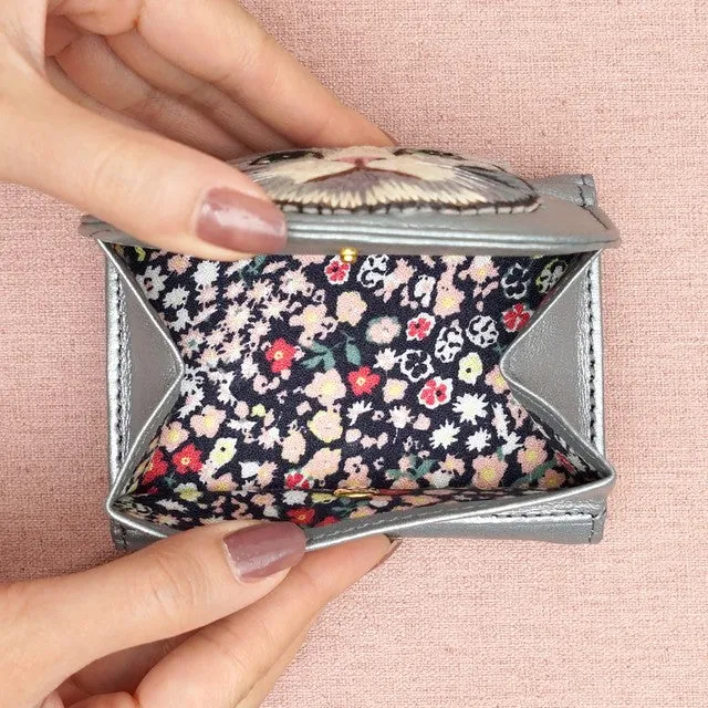 TAMAO WORLD Sheep Leather Embroidery Cat Mini Wallet Silver Cat Silver