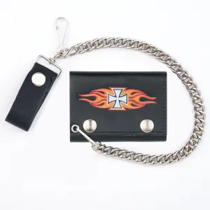TC304CC-181  Tri-Fold Wallet w/ Chain- Iron Cross w/ Flames