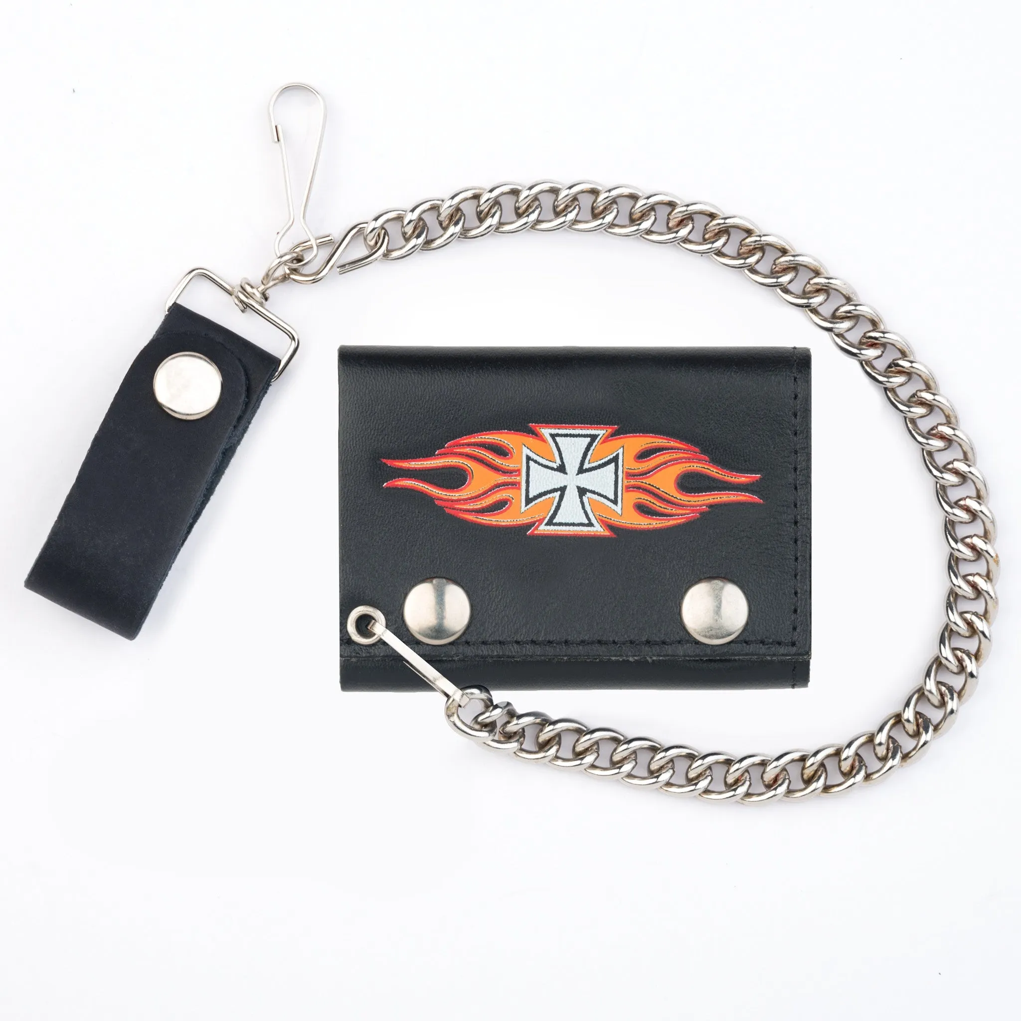 TC304CC-181  Tri-Fold Wallet w/ Chain- Iron Cross w/ Flames