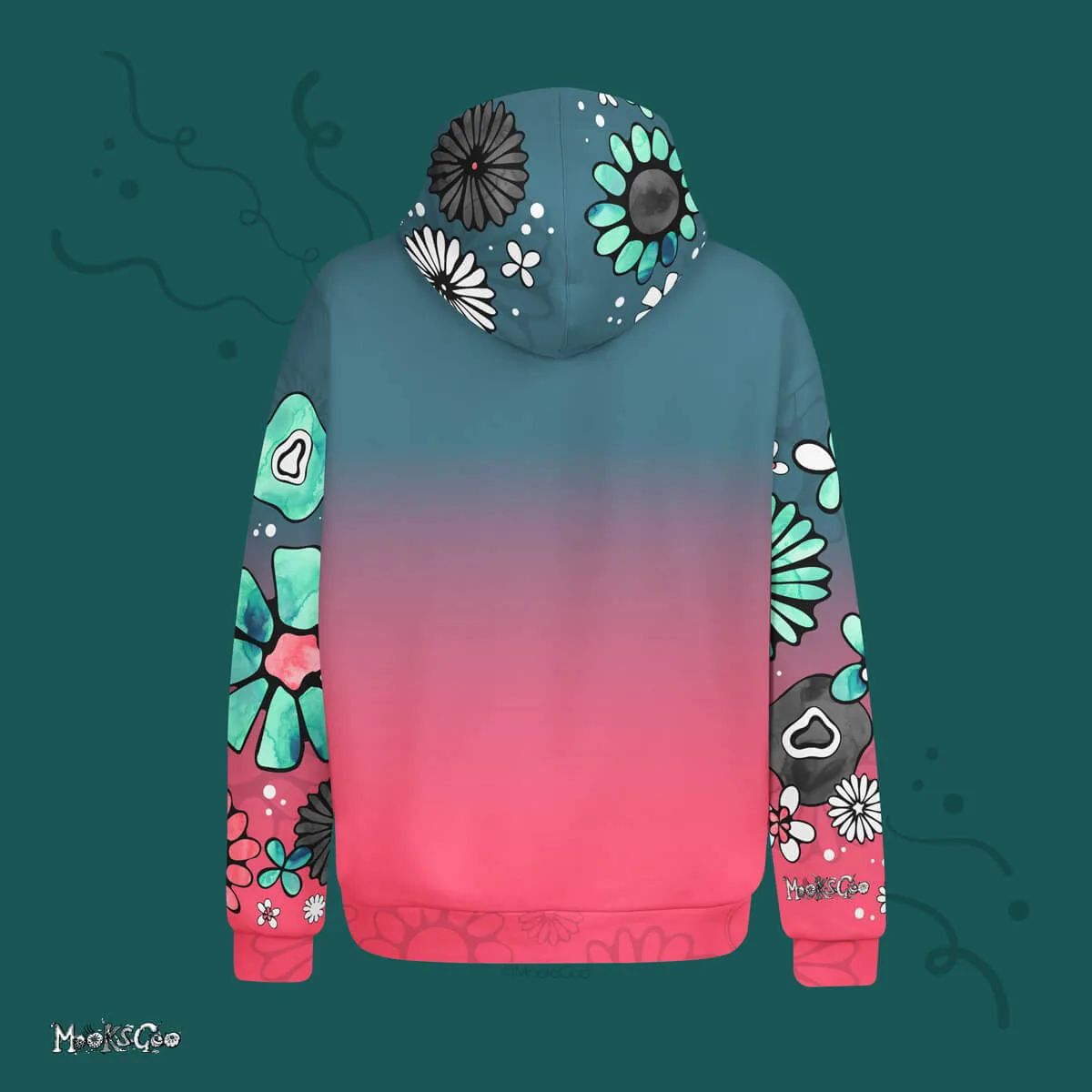 Teal and Coral Colour Fade Flower Power Recycled Hoodie
