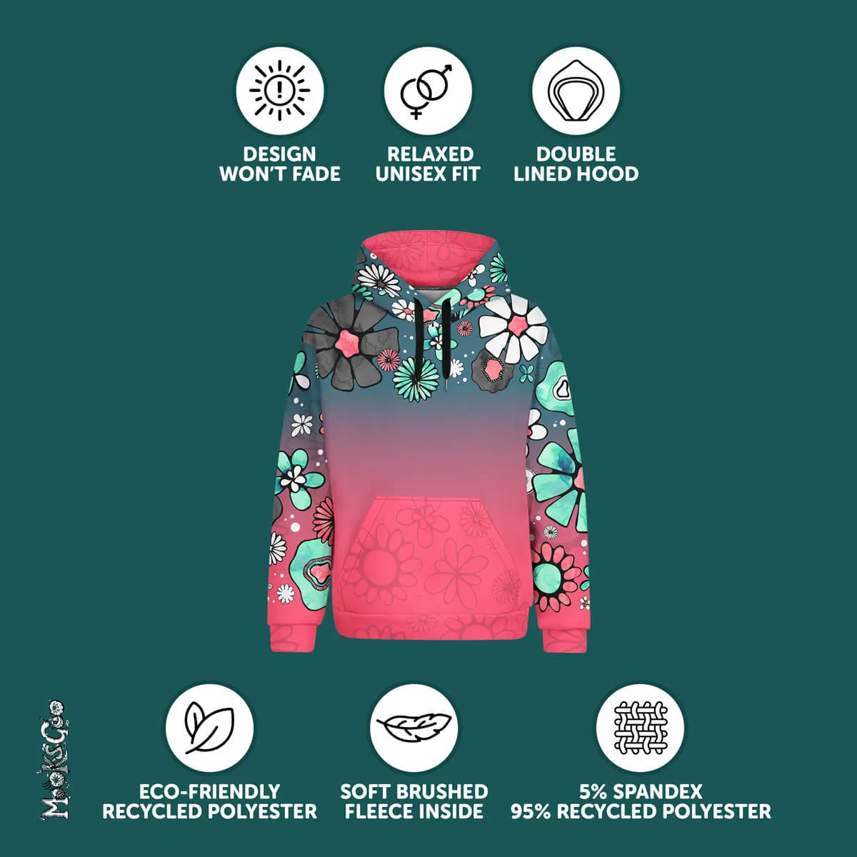 Teal and Coral Colour Fade Flower Power Recycled Hoodie