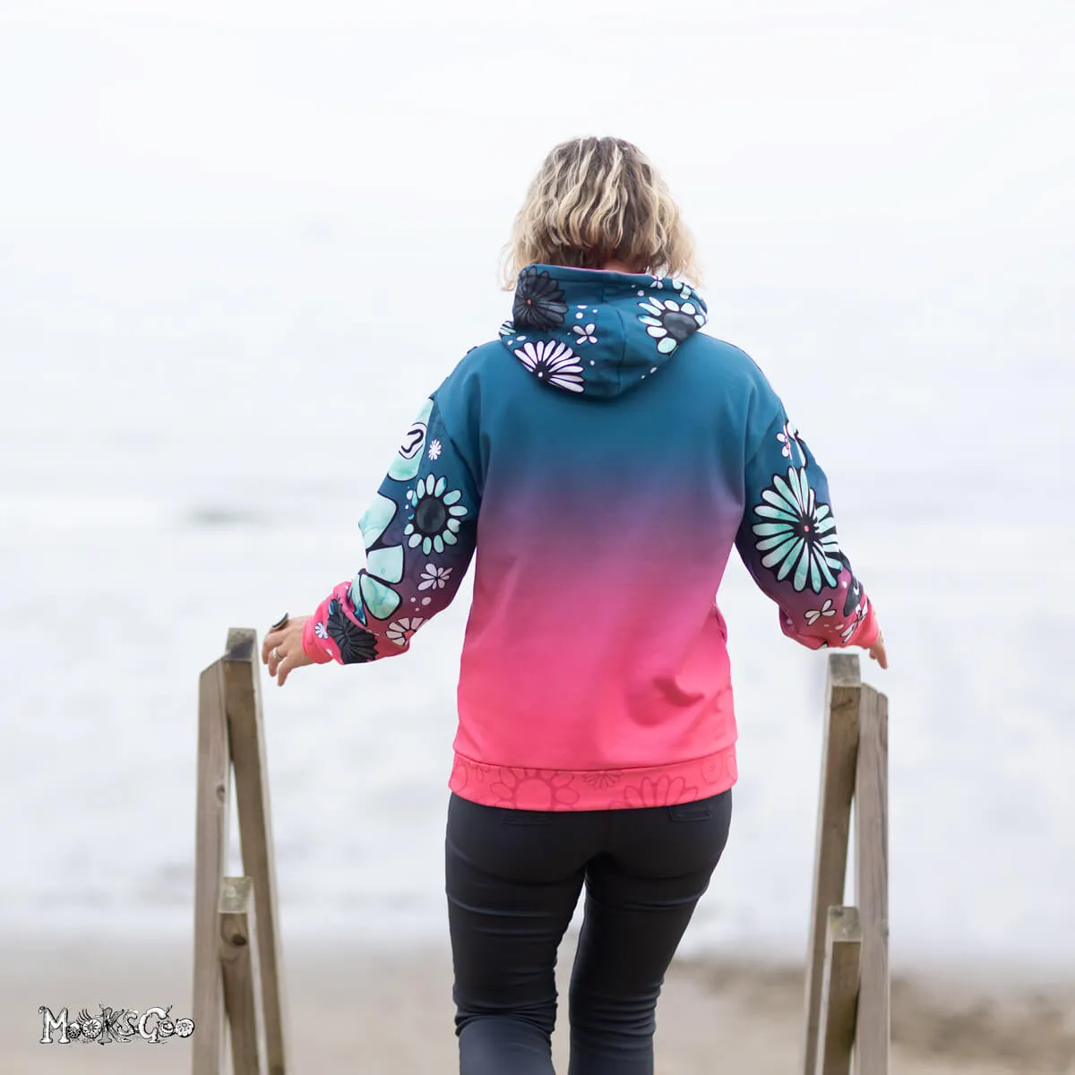 Teal and Coral Colour Fade Flower Power Recycled Hoodie