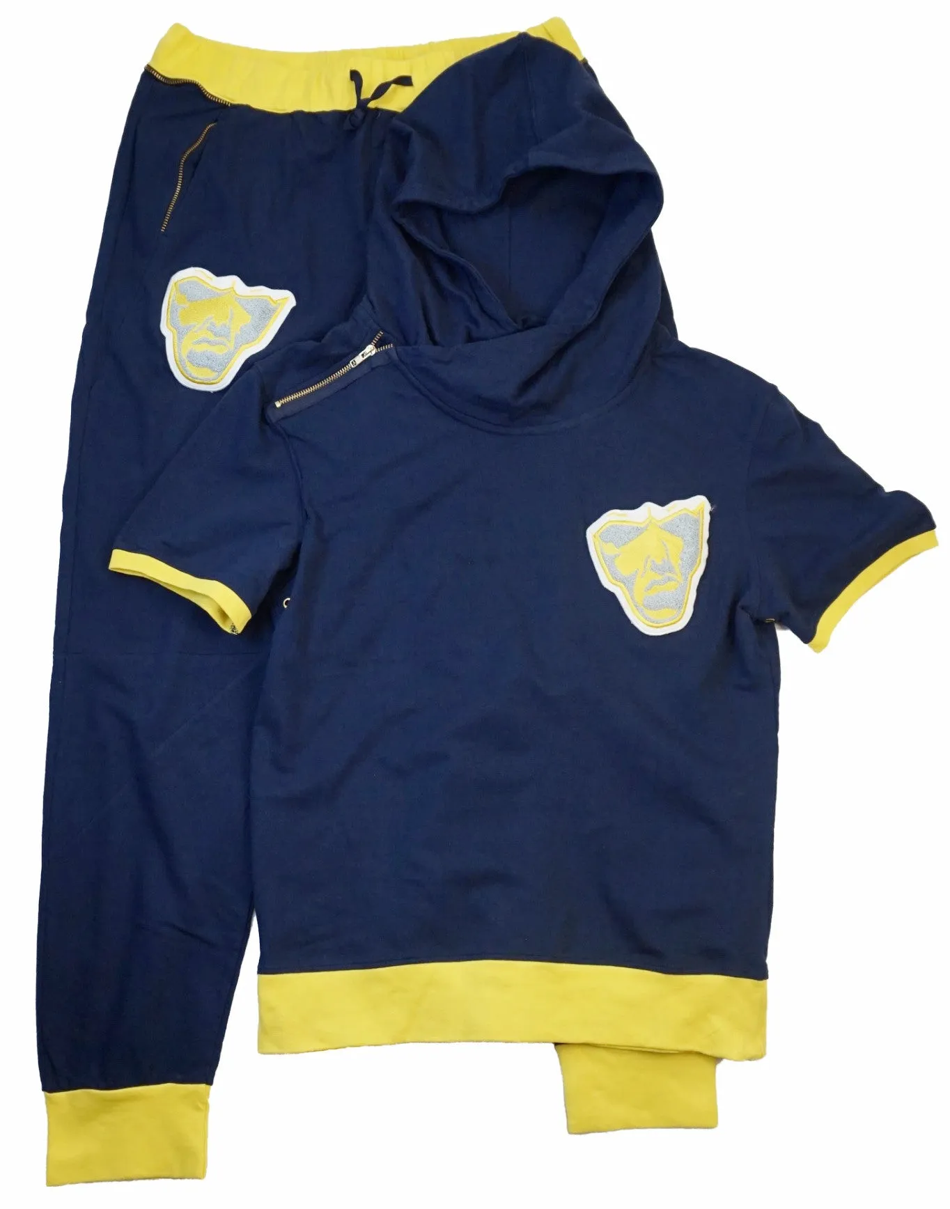Varsity Big Face Short Sleeve Men's Sweatsuit Hoodie : Navy & Yellow