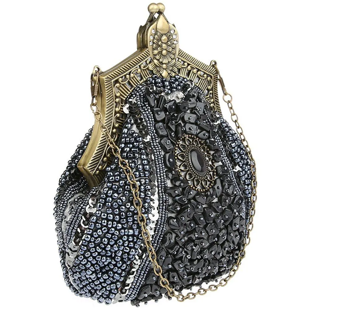 Vintage Copper Frame Inlaying Gem Beaded Handbag|JaosWish