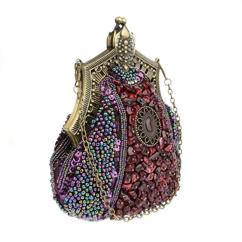 Vintage Copper Frame Inlaying Gem Beaded Handbag|JaosWish