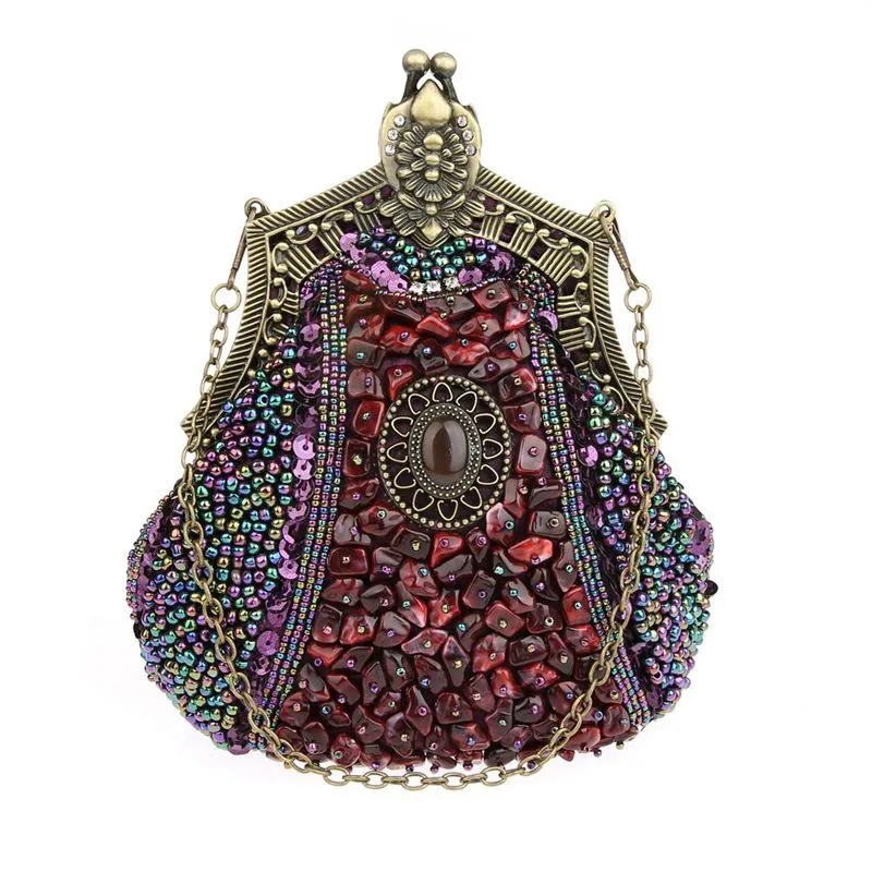 Vintage Copper Frame Inlaying Gem Beaded Handbag|JaosWish