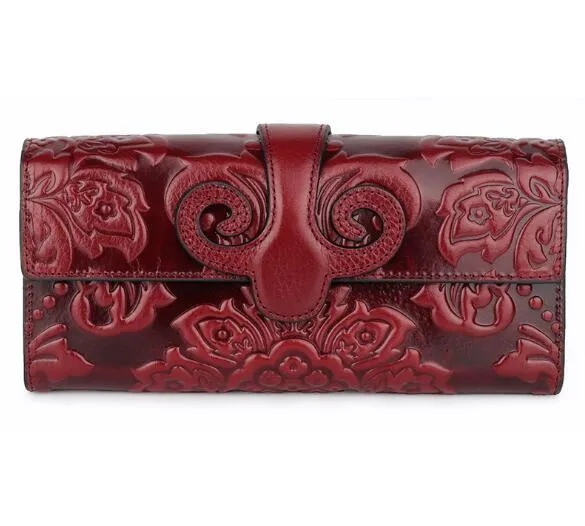 Vintage genuine leather oil wax long purse print wallet for women