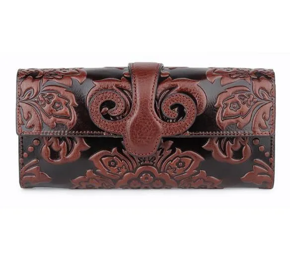 Vintage genuine leather oil wax long purse print wallet for women