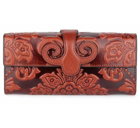 Vintage genuine leather oil wax long purse print wallet for women