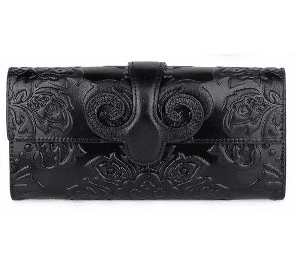 Vintage genuine leather oil wax long purse print wallet for women